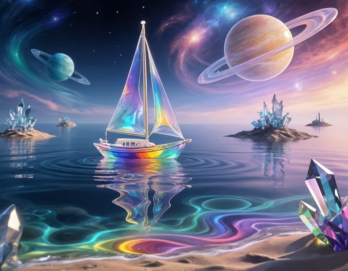 Glass Sailboat on Fluid Sea in Cosmic Dreamscape