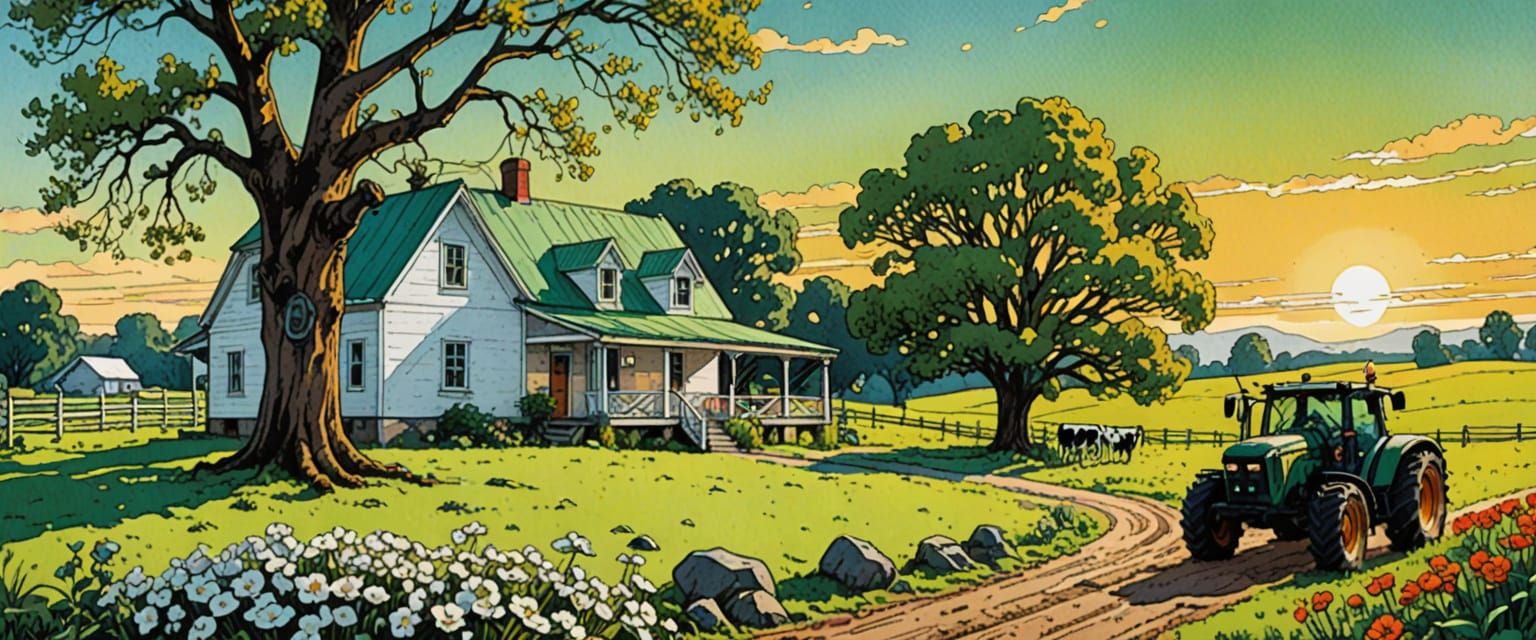 Countryside Farm Scene with Animals and Sun Rays