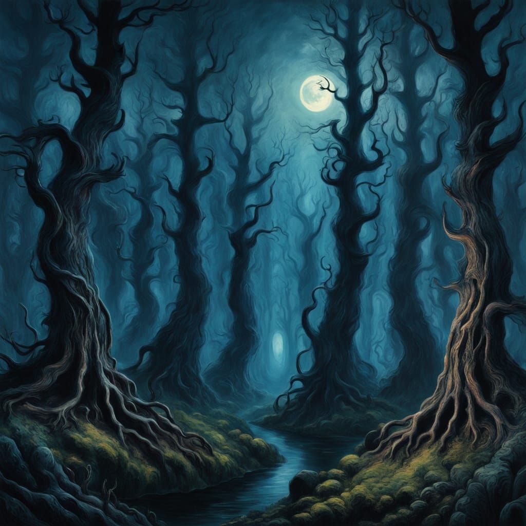Moonlit Forest in Haunting Expressionist Style