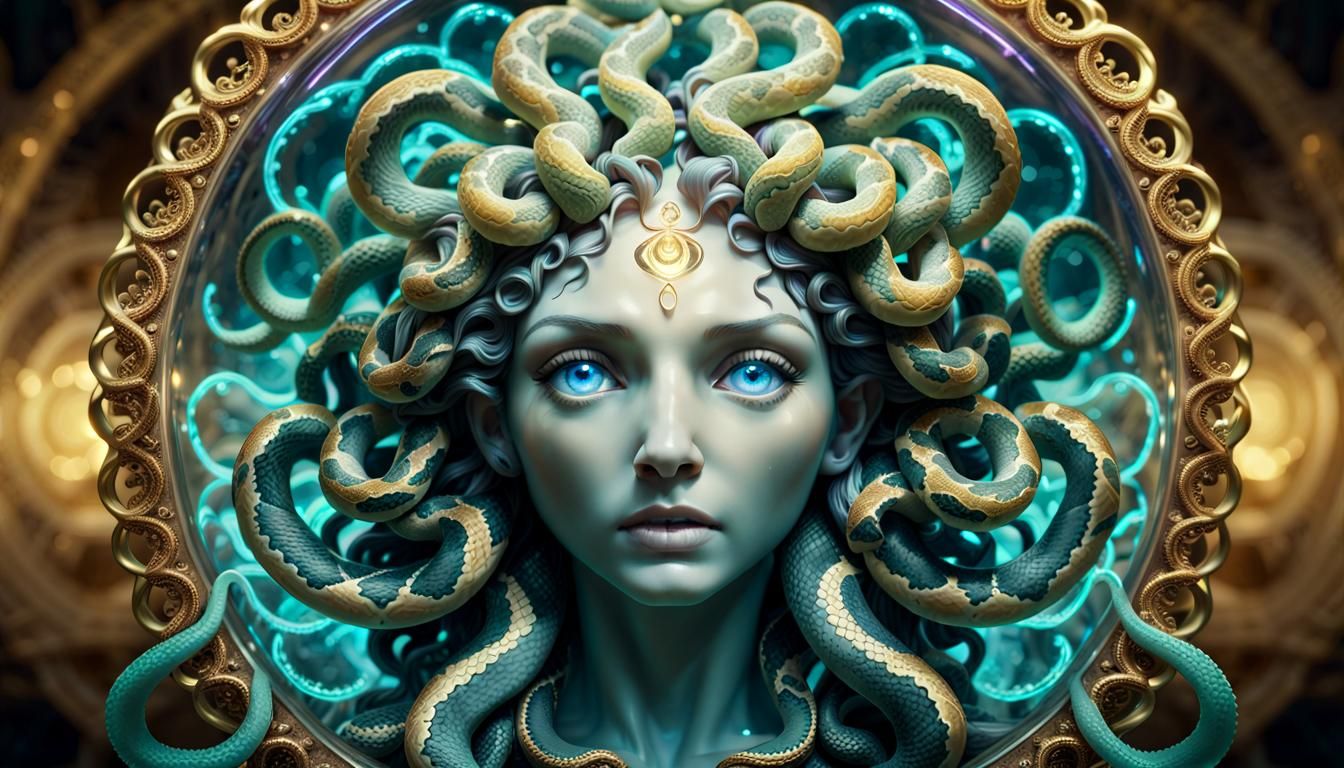 Bioluminescent Medusa with Snake Hair and Crystal Background