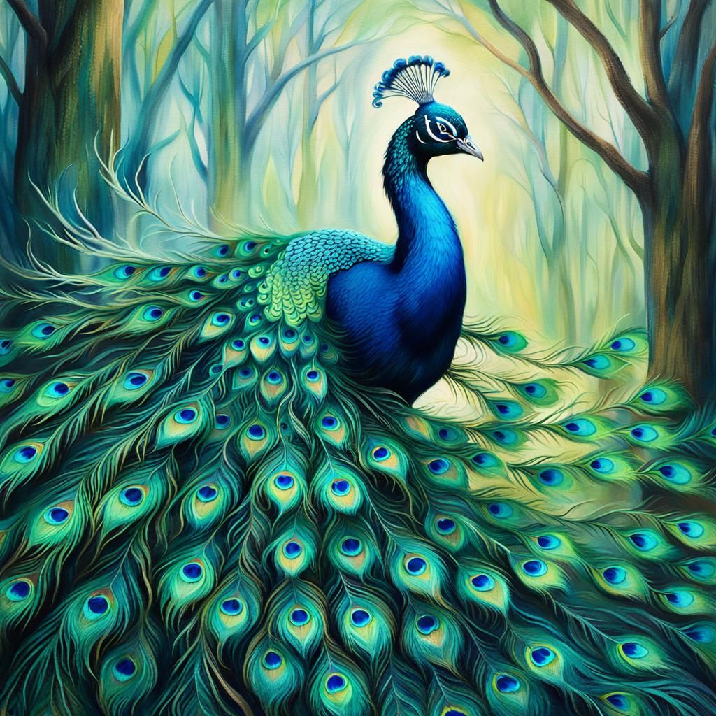 Ethereal Peacock Majestic in Dreamlike Oil Painting