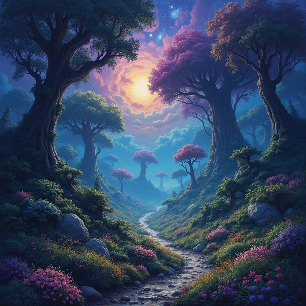Whimsical Fantasy Forest with Vibrant Colors and Celestial E...