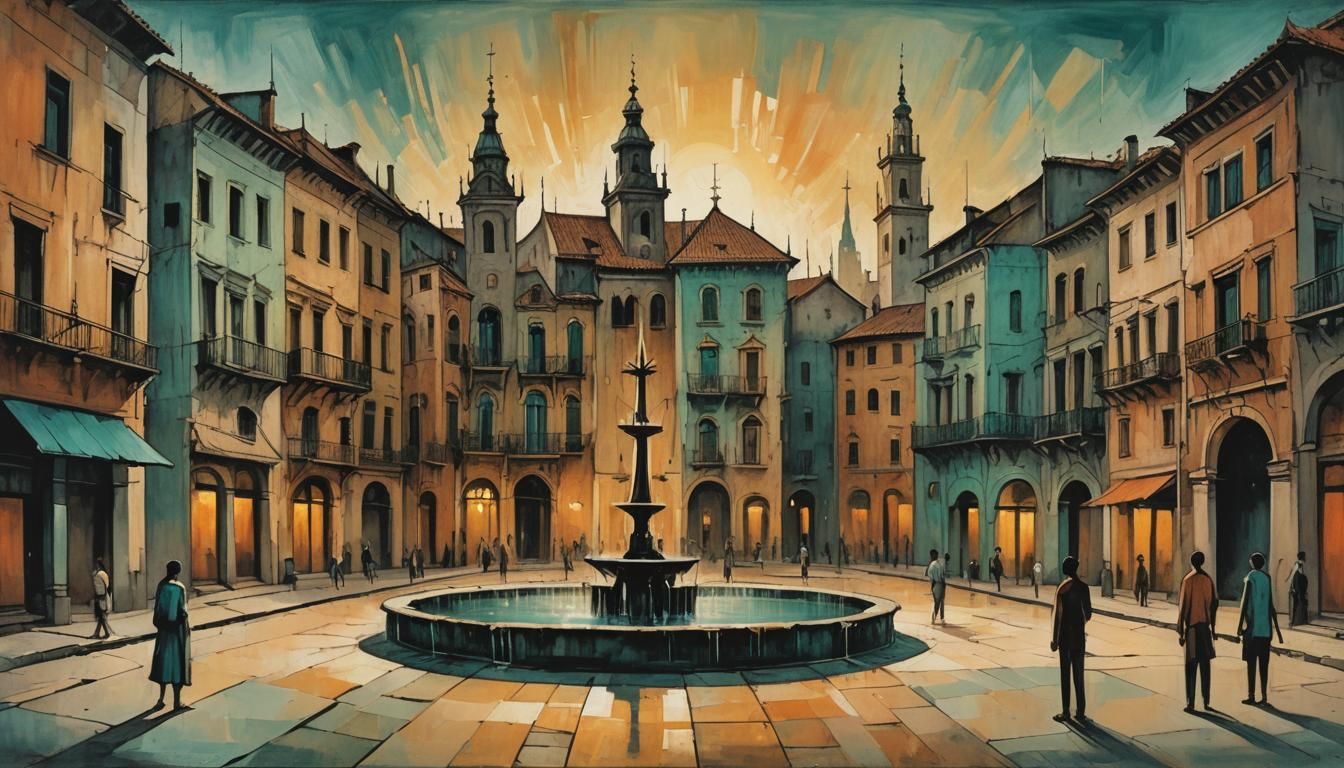 Old Town Square with Fountain in Chiaroscuro Lighting