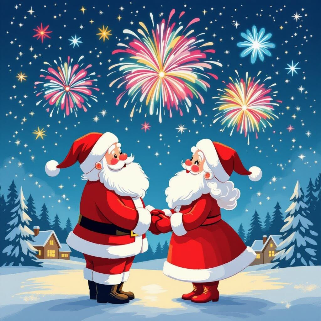 Whimsical Santa & Mrs Claus Watch Holiday Fireworks