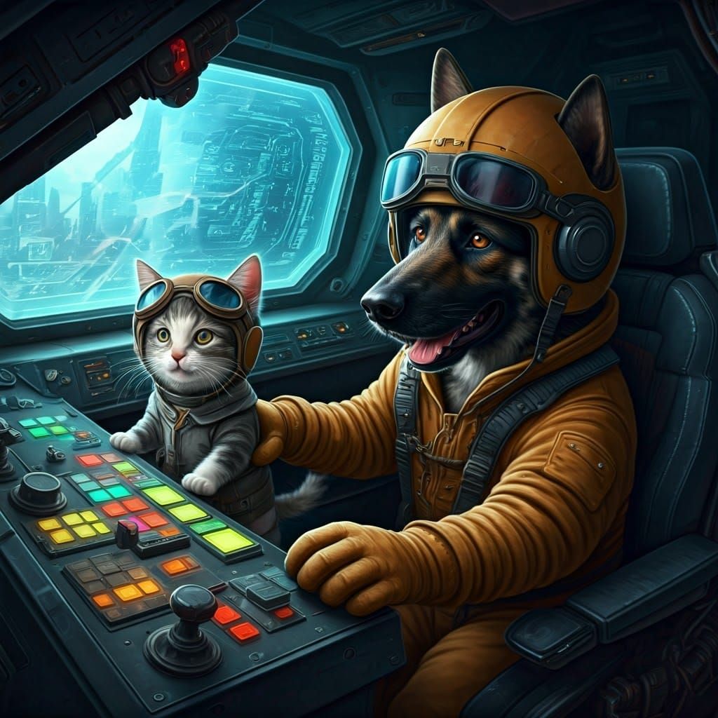 Humorous Kitten and German Shepherd Mecha Pilots