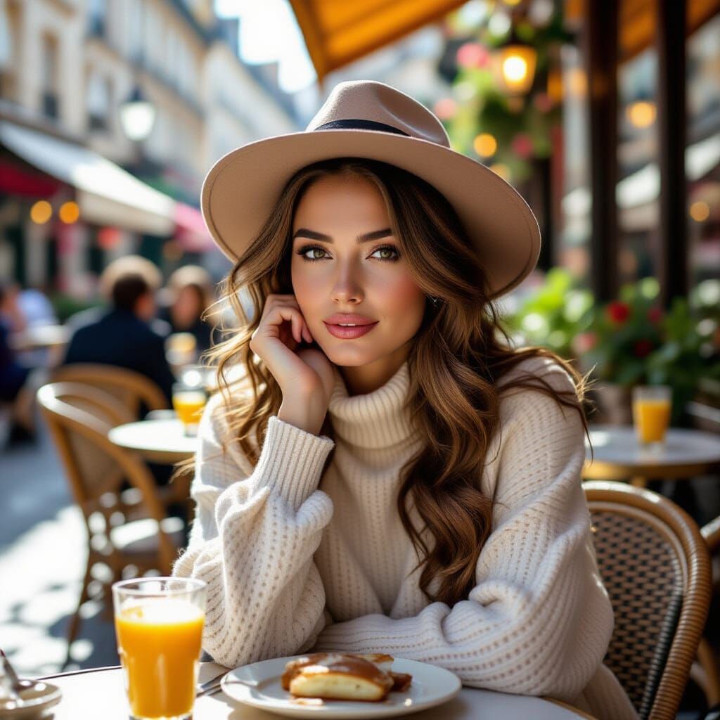 French Model's Parisian Cafe Brunch: Hyperrealistic Portrait
