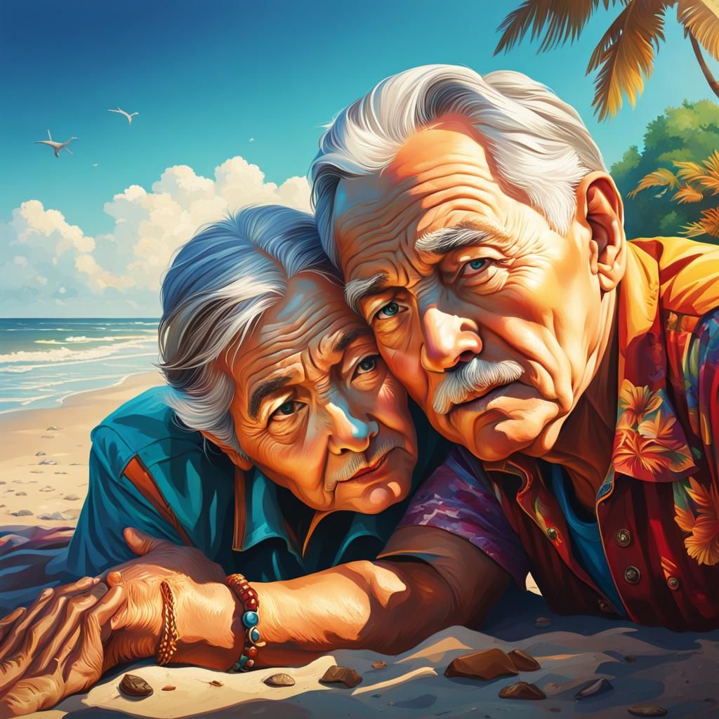 Hyperrealistic Old Couple on Beach in Splash Art Style