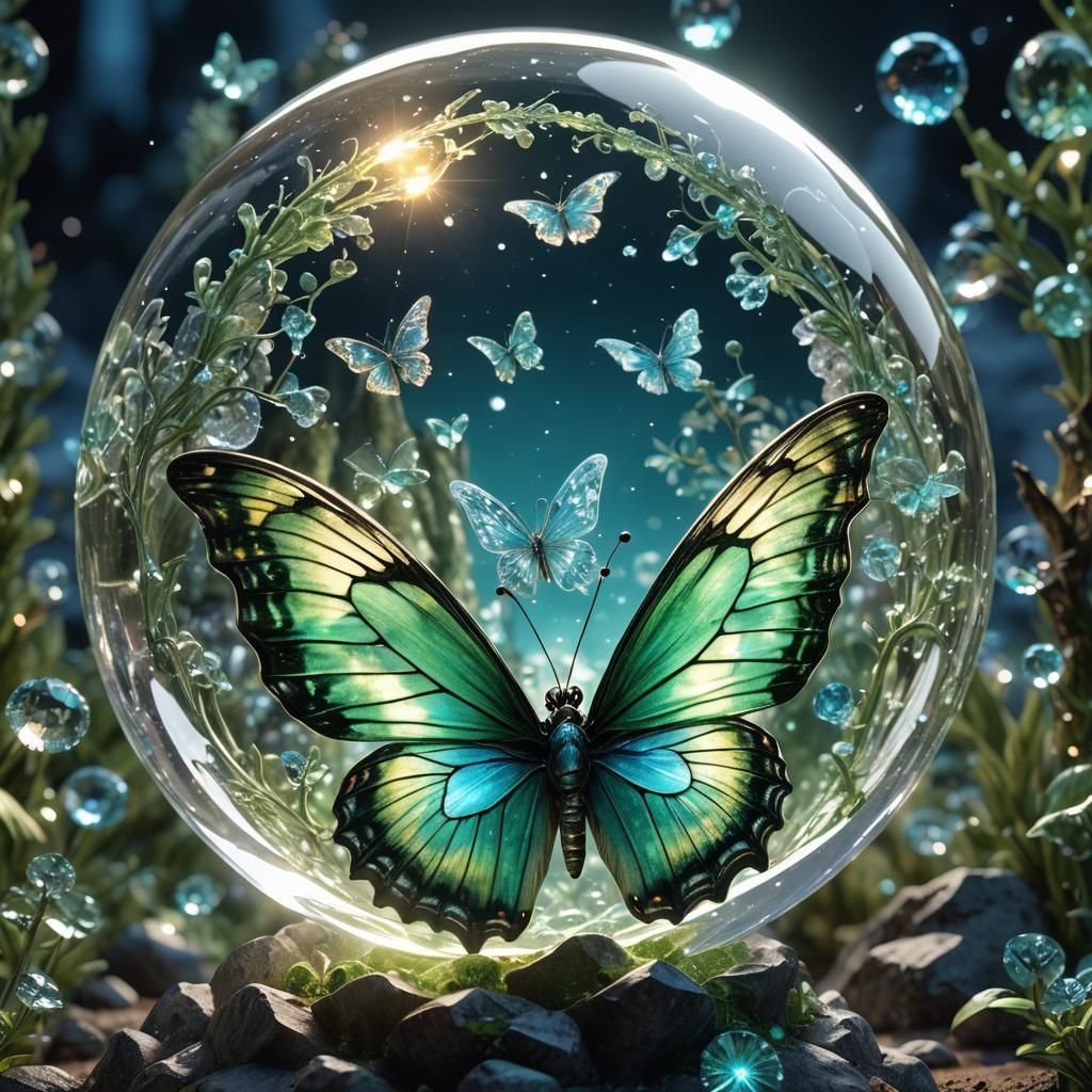 Crystal Butterfly Flying Above Magic Mountain in Glass