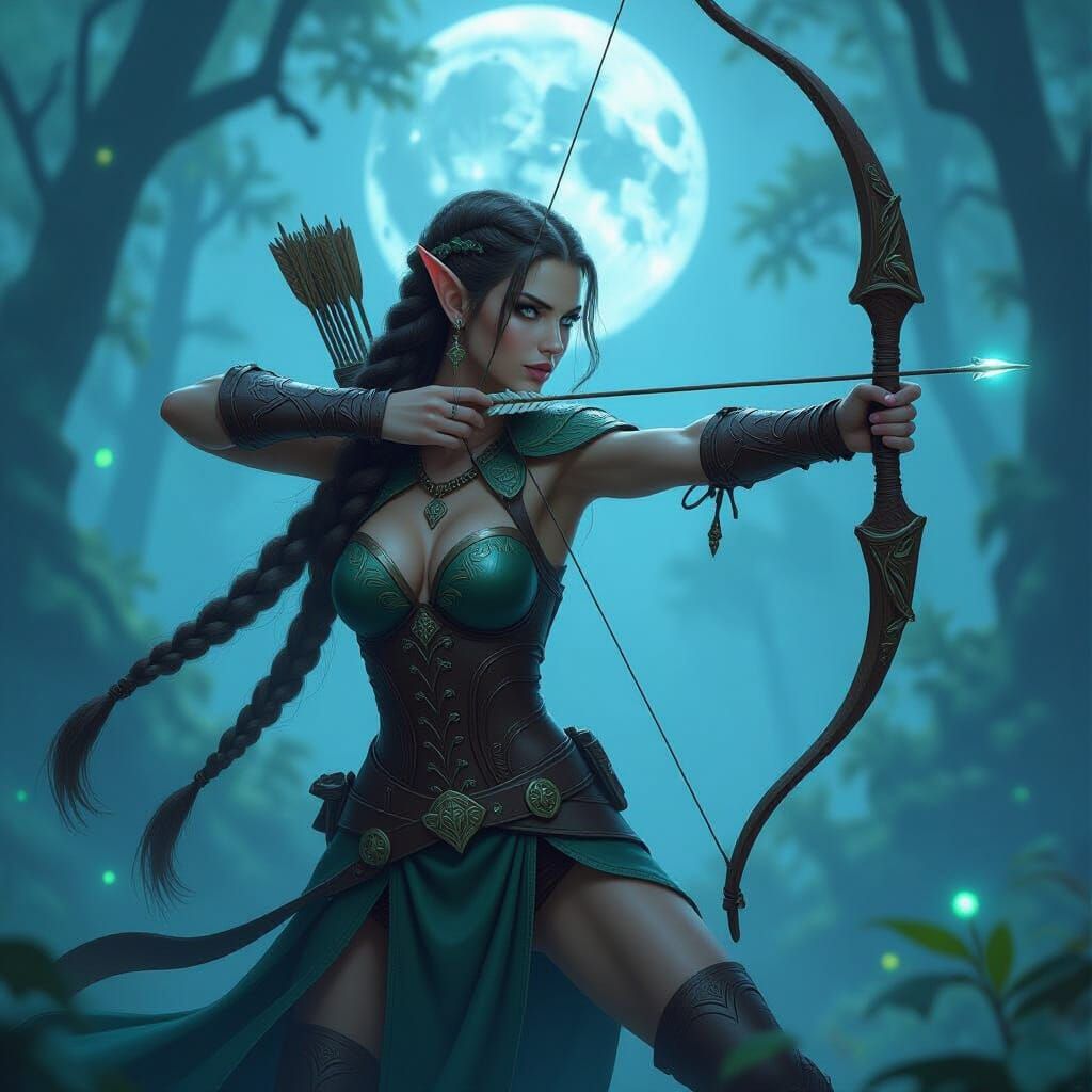 Elven Huntress in Moonlit Forest, Hyperrealistic Art Nouveau
