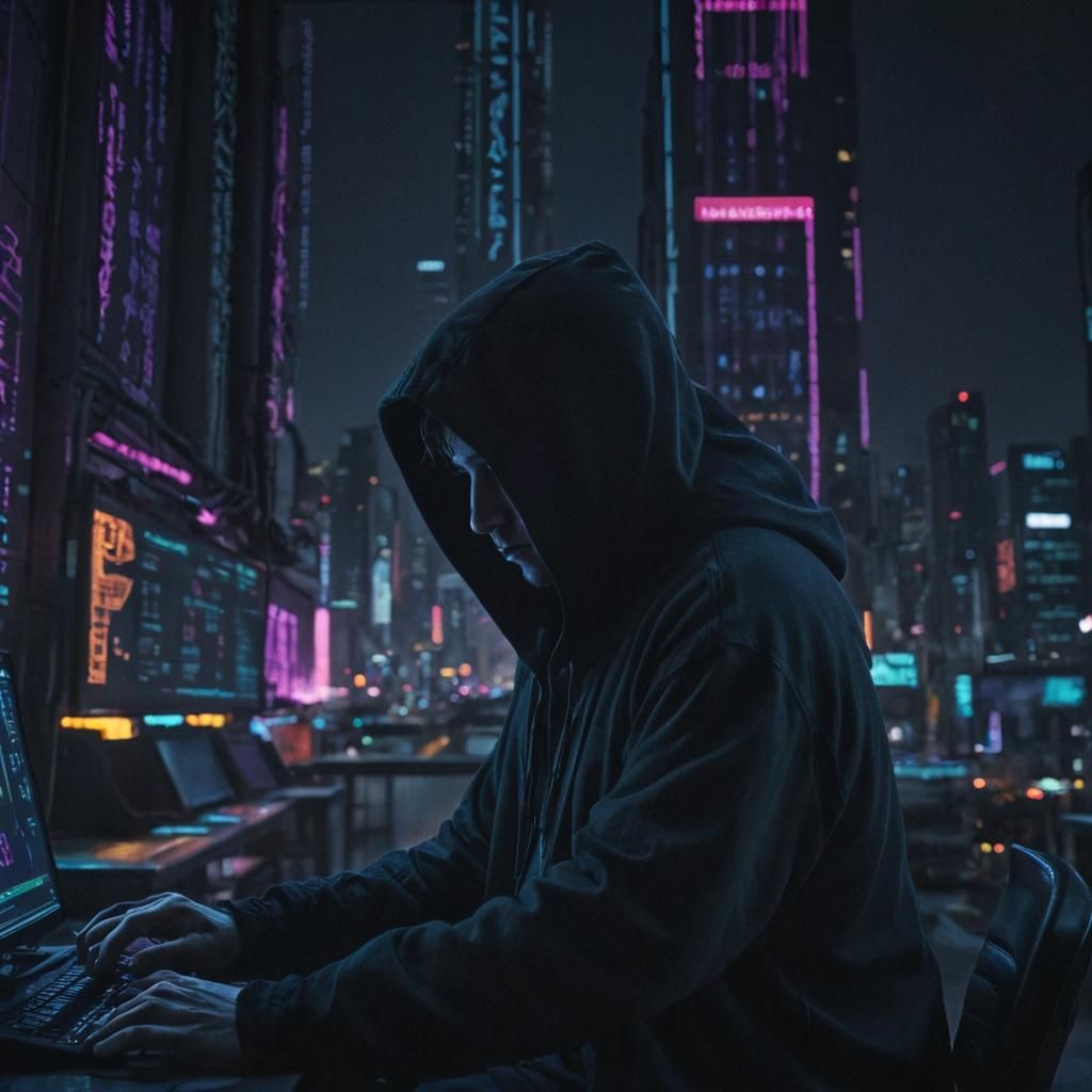 Cyberpunk Hacker in Neon Cityscape Film Still