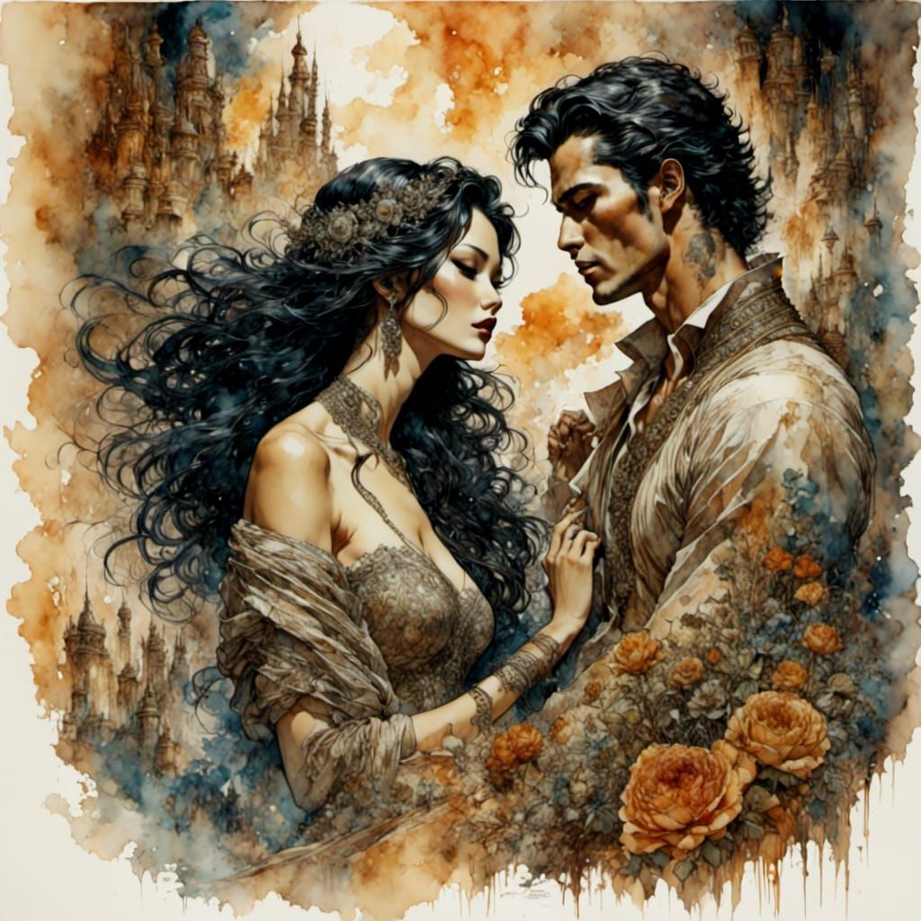 Romantic Watercolor Painting of Passionate Figures