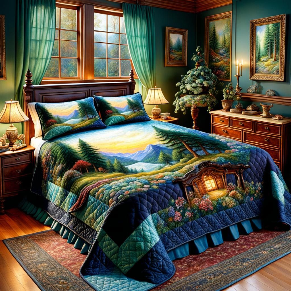 a quilted bedspread, with an illustration of a small forest, placed on the bed in a cozy bedroom