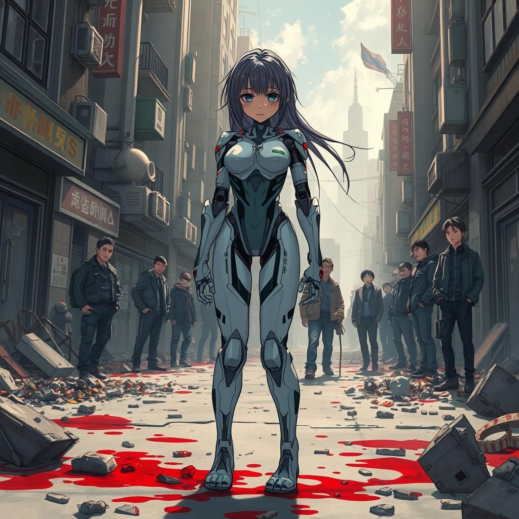 Cyborg Anime Girl Weeping in Ruined Cityscape