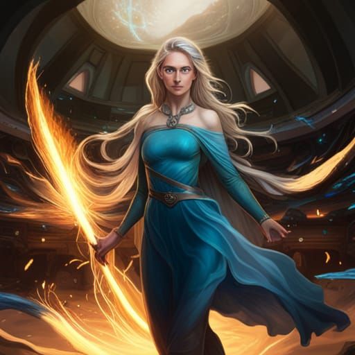Mage Woman in Space Casting Blue Magic