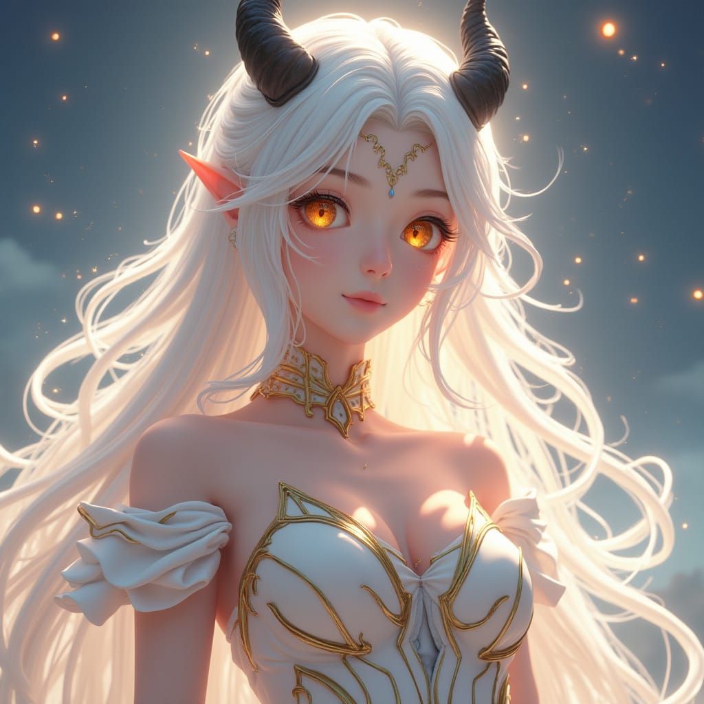 Ethereal Goddess with White Hair and Golden Eyes