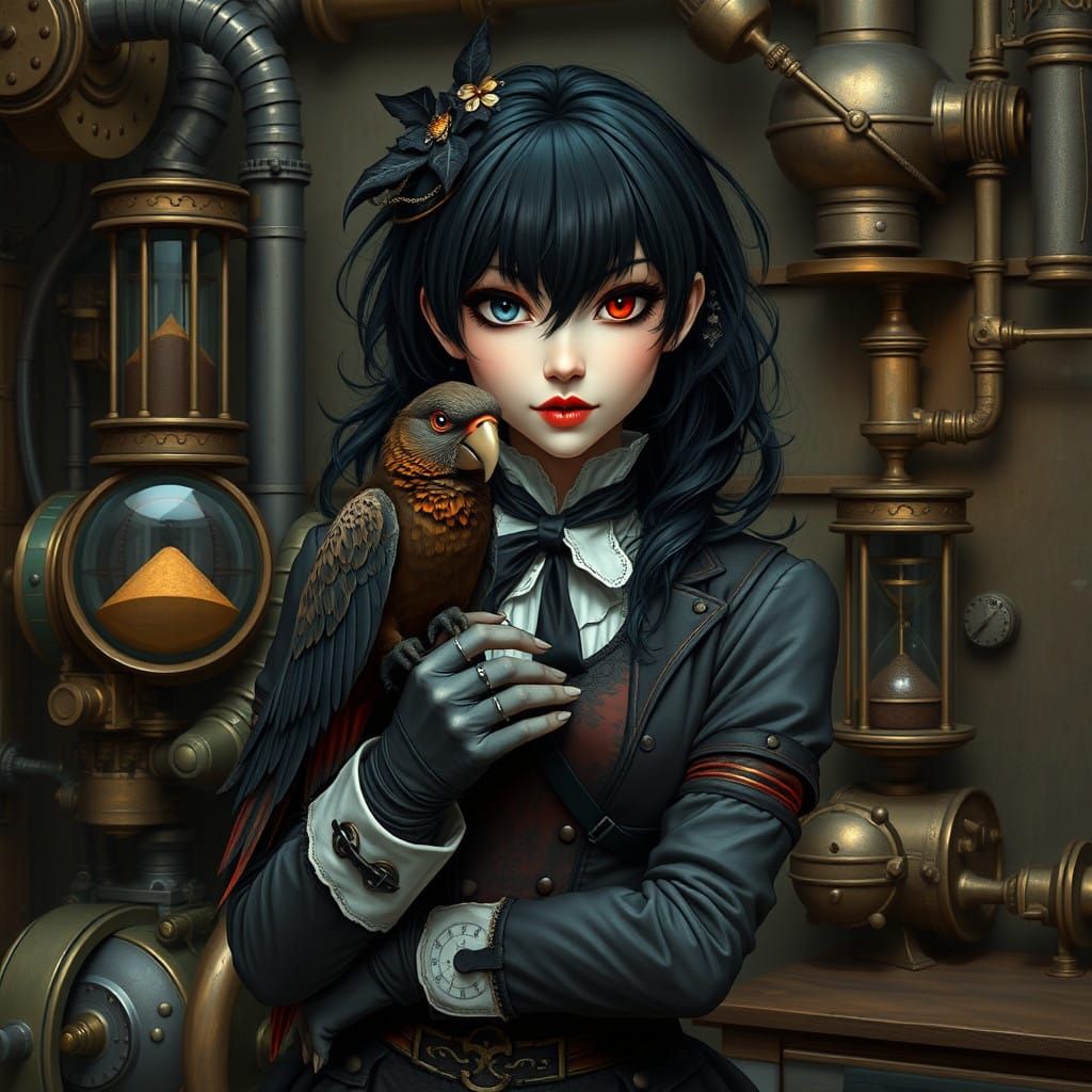 Steampunk Siren with Dracula Parrot in Her Victorian Worksho...