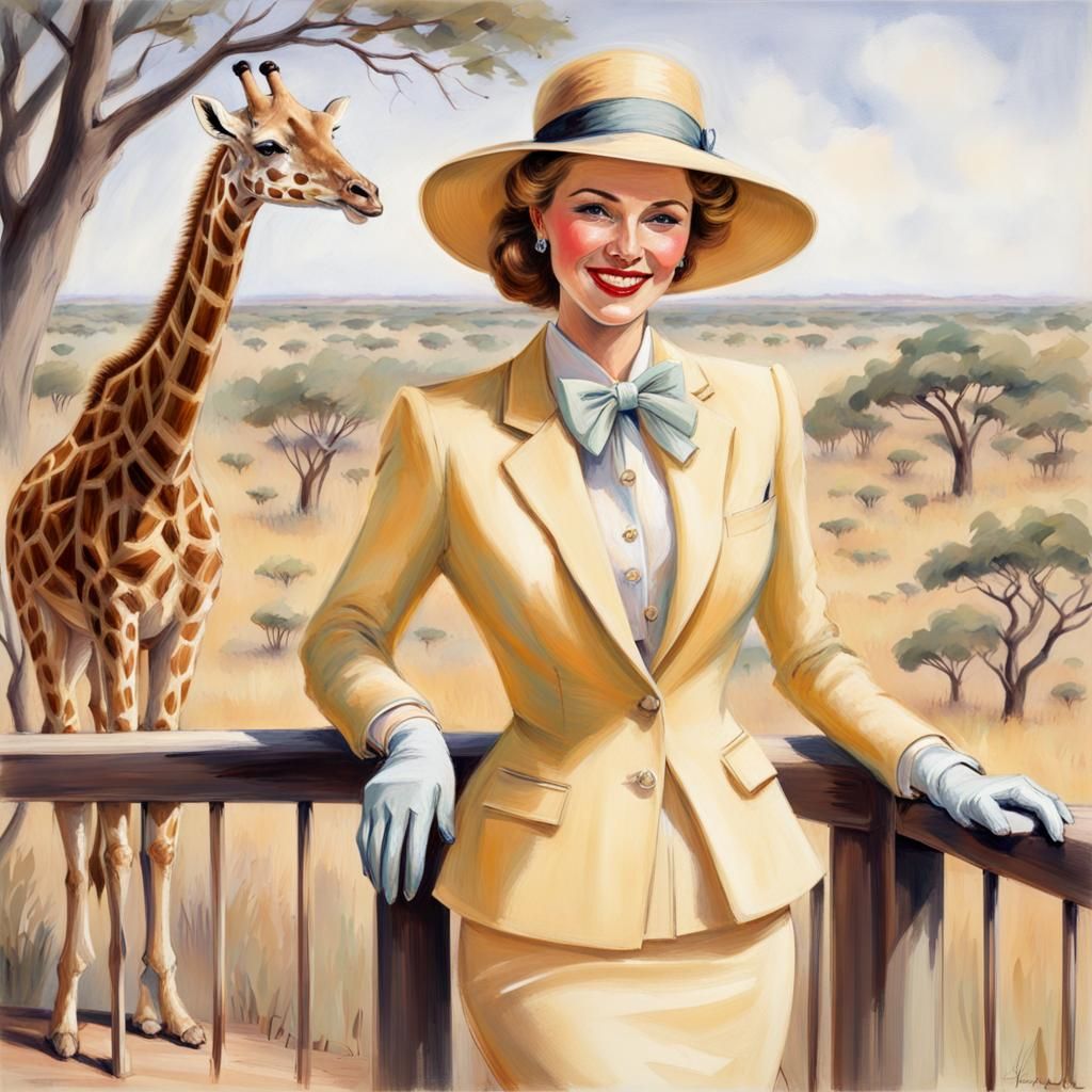 Elegant Woman and Giraffe in Pastel Sketch