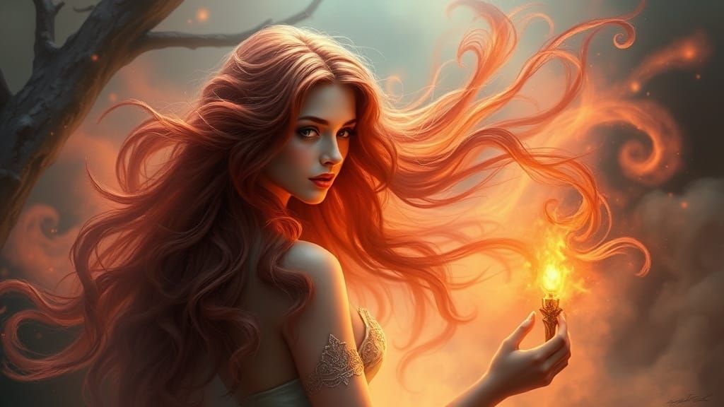 Ethereal Goddess with Red Hair in Glowing Mist