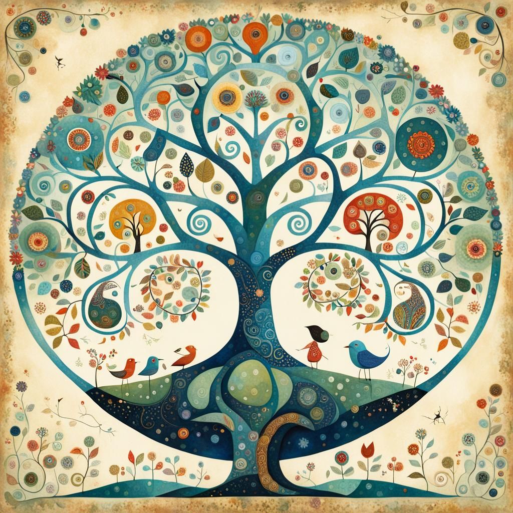 Vibrant Tree of Life in Whimsical Folk Art Style