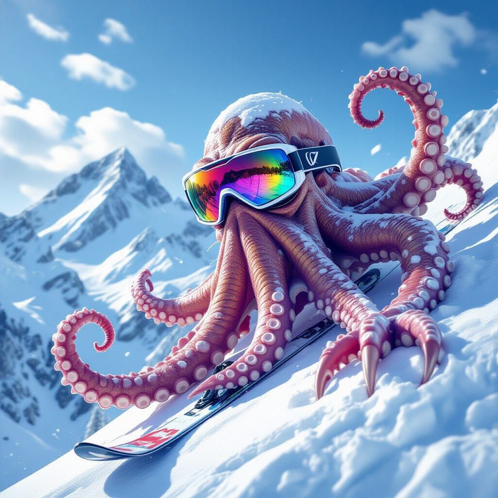 Kraken Climbs Snowy Mountain in Photorealistic Style
