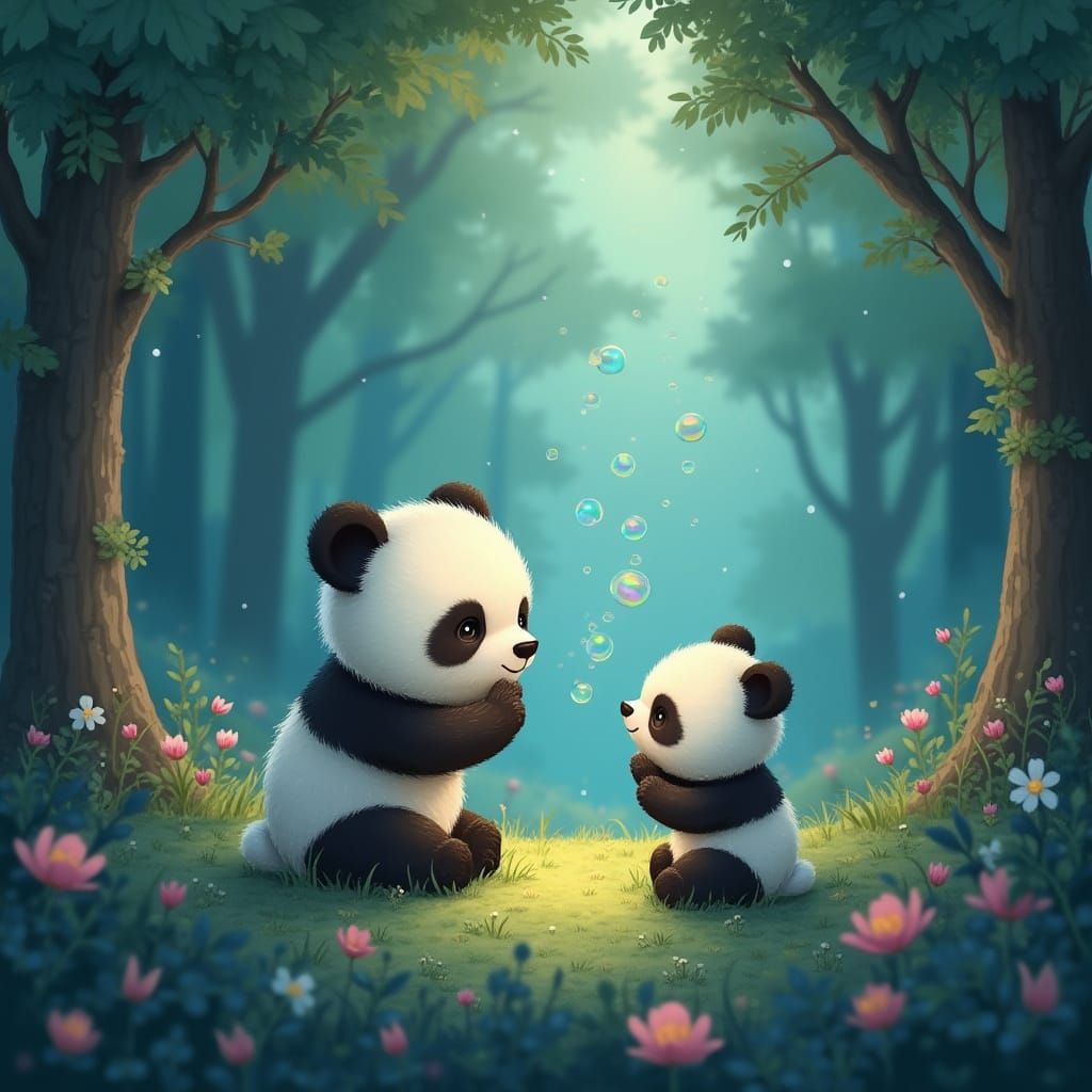 Baby Pandas Blowing Magical Bubbles in Enchanted Forest
