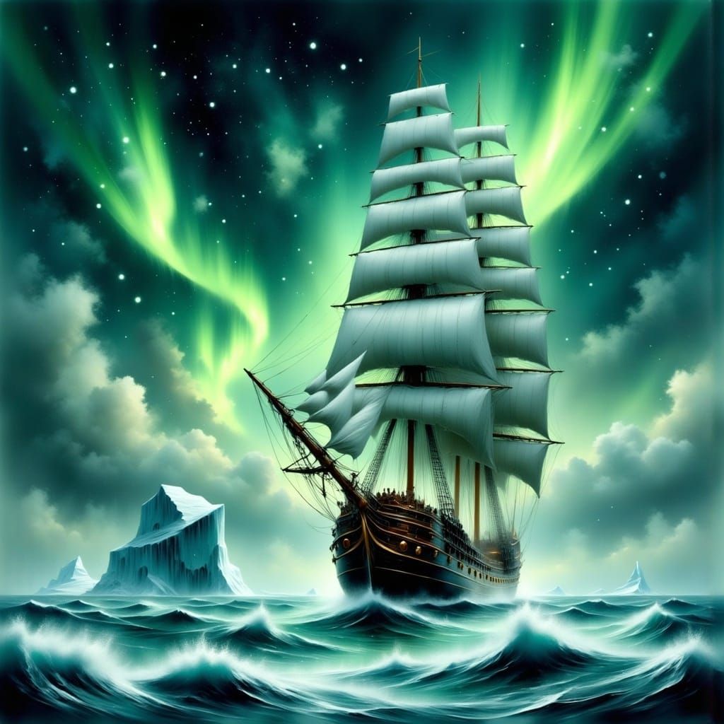 Galleon and Iceberg Under Northern Lights: Impressionist Sty...