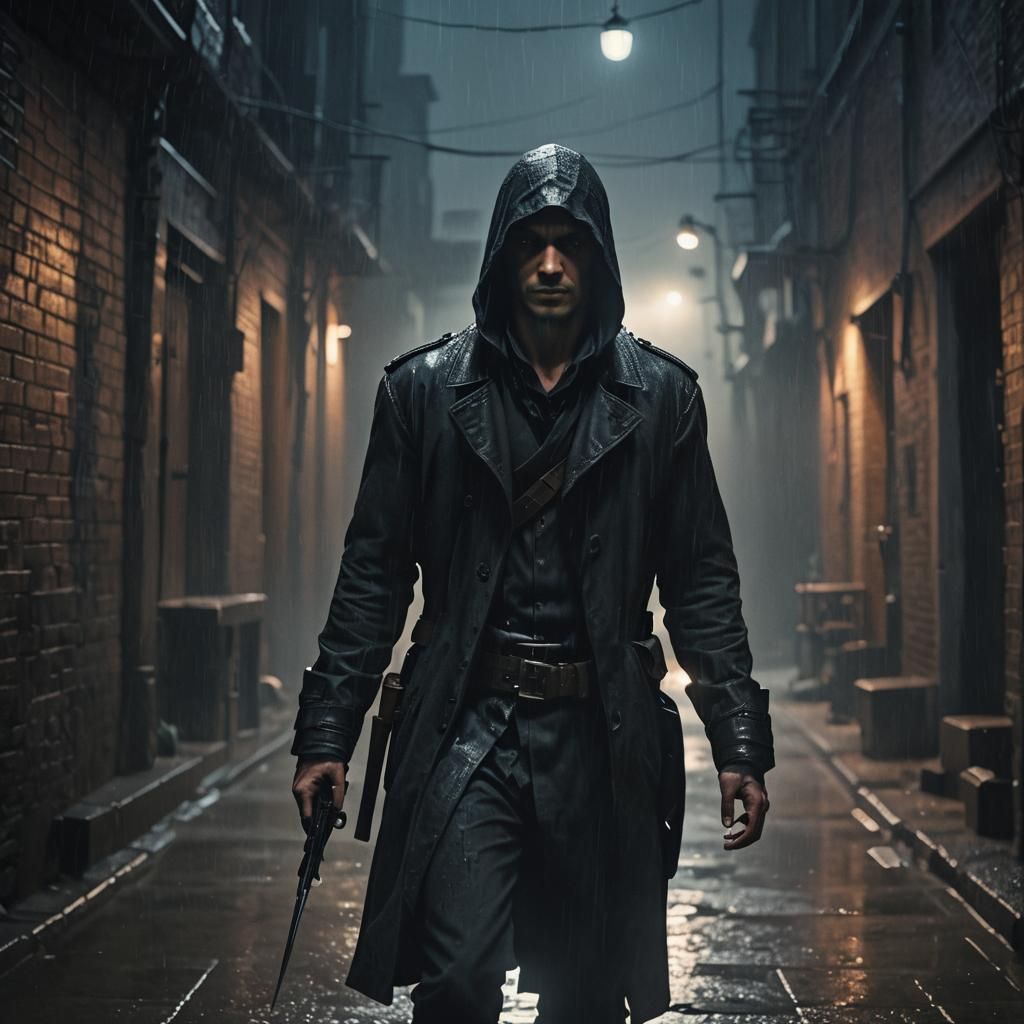 Moody Assassin in Dark Alleyway: Cinematic Film Still