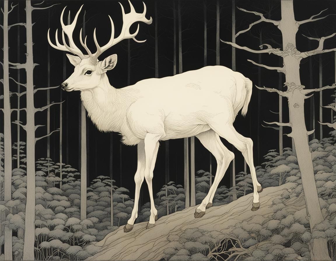 Albino Deer in Forest, Surrealist Ukiyo-e Style