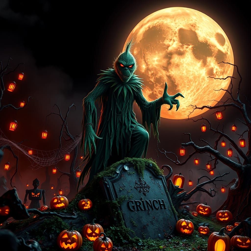 Terrifying Grinch on Tombstone in Dark Anime Style