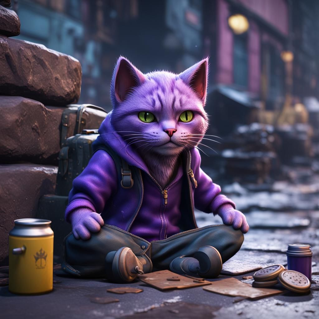 Homeless Purple Cat in 3D Game Cinematic Style