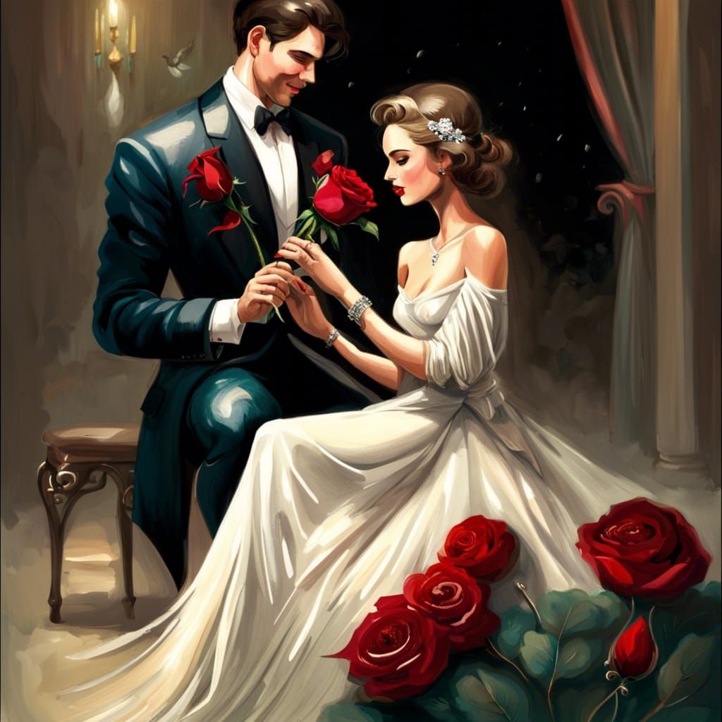 Romantic Proposal with Rose and Peacock Feathers