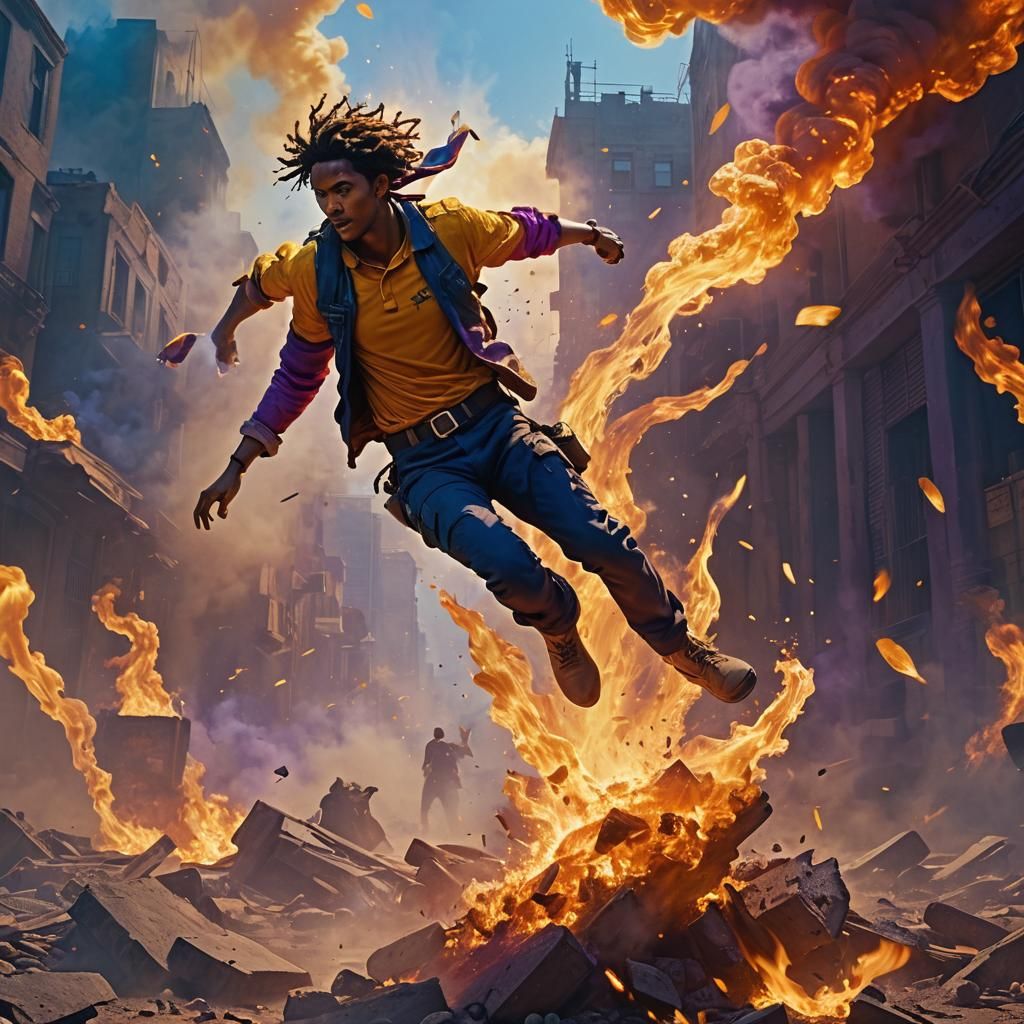 Hero Leaps Through Fire in Cinematic Action Scene