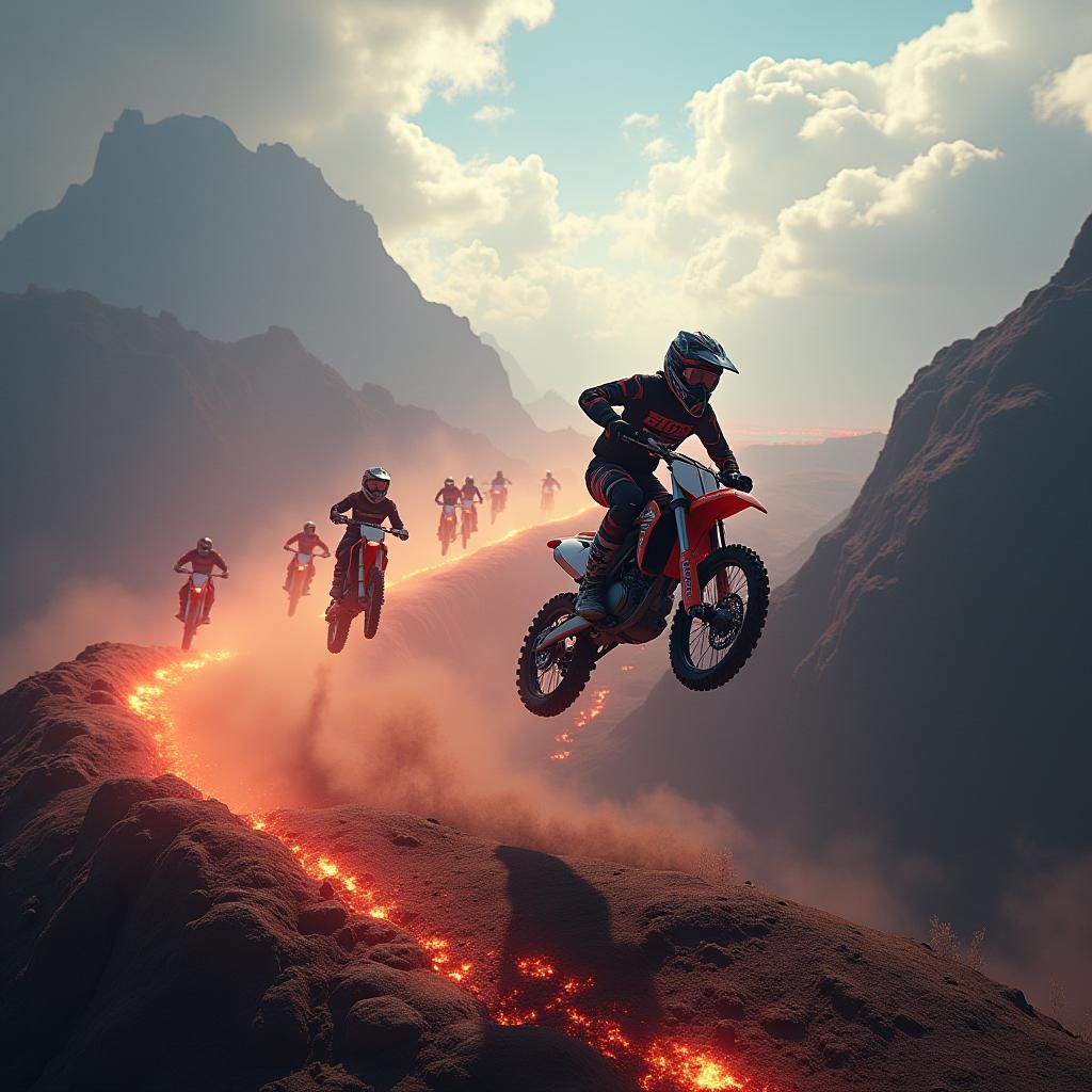 Motocross Riders Soaring in a Dreamlike Landscape