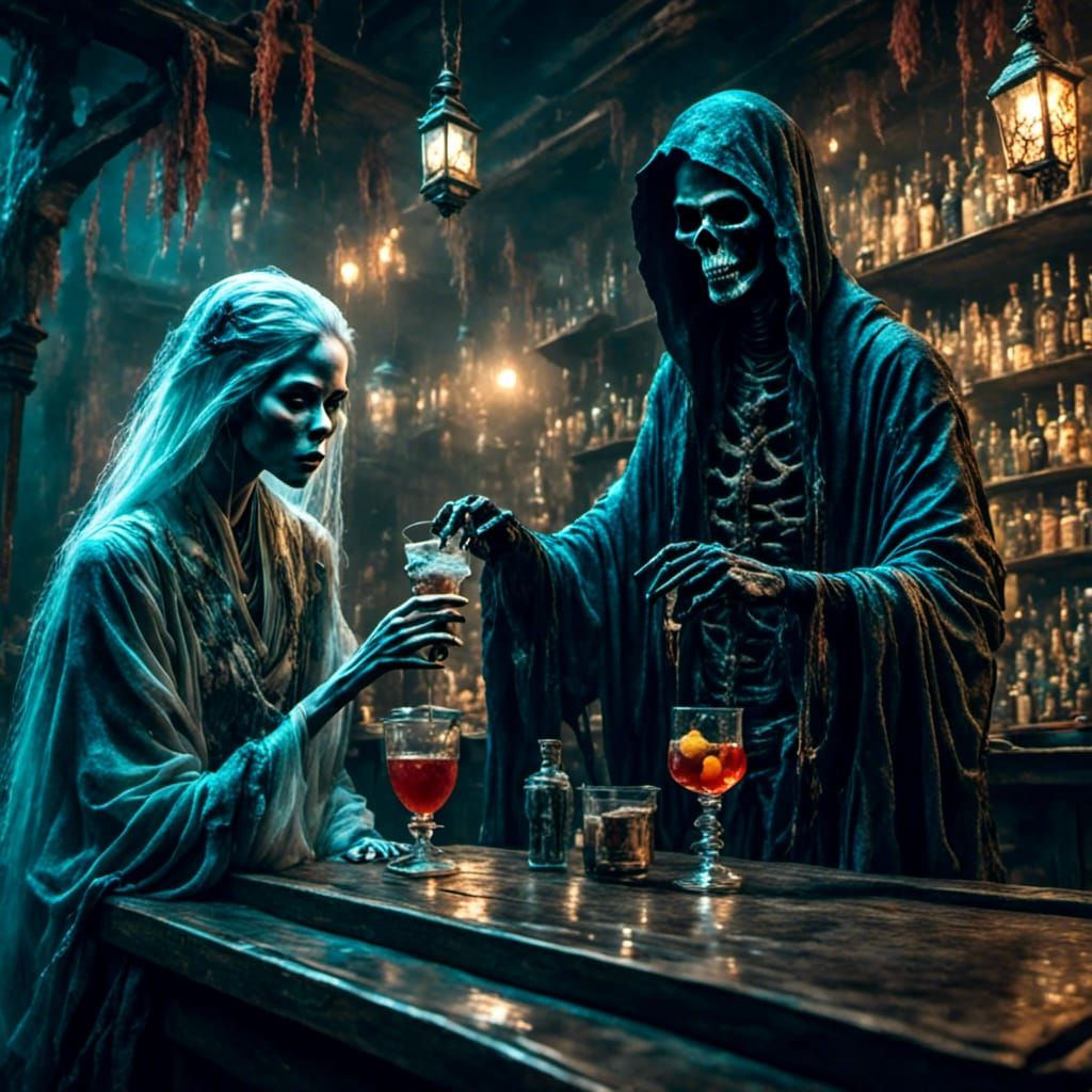 Geisha Serves Grim Reaper a Drink