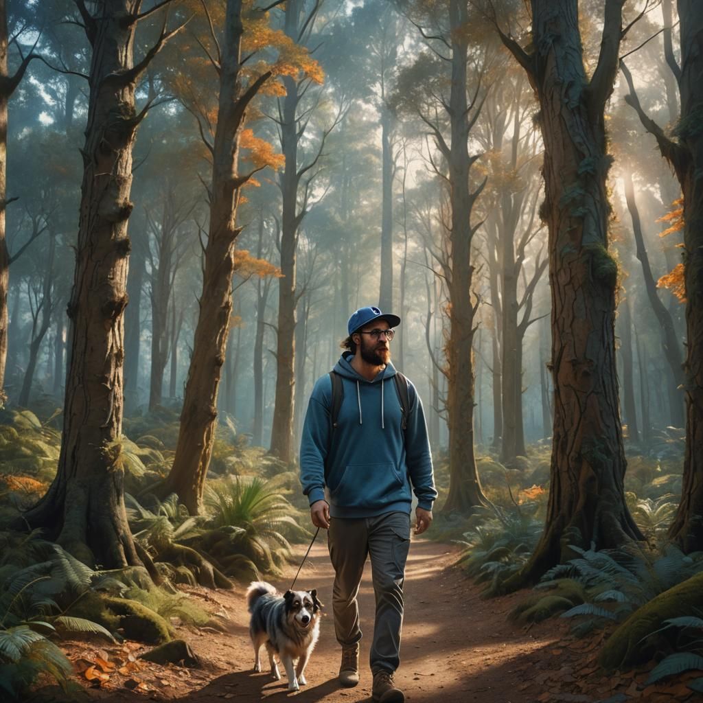 Man Walking Dog in Mystical Forest Concept Art