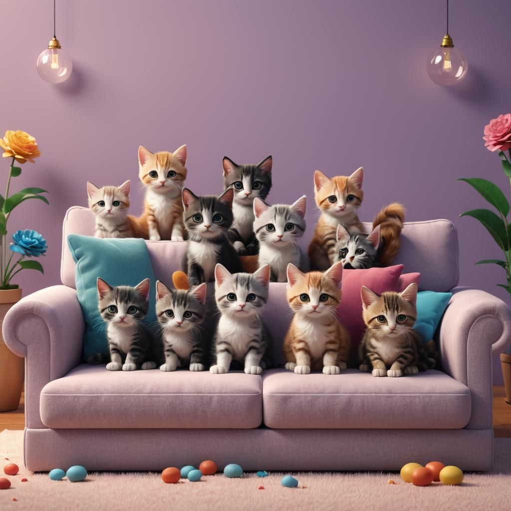 Cute Kittens on Sofa: Pixar-Style 3D Digital Art