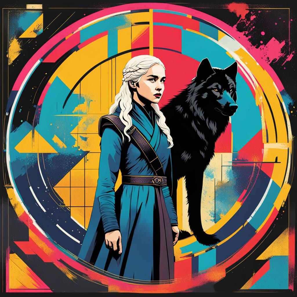 Daenerys Targaryen and Black Wolf in Pop Art Style