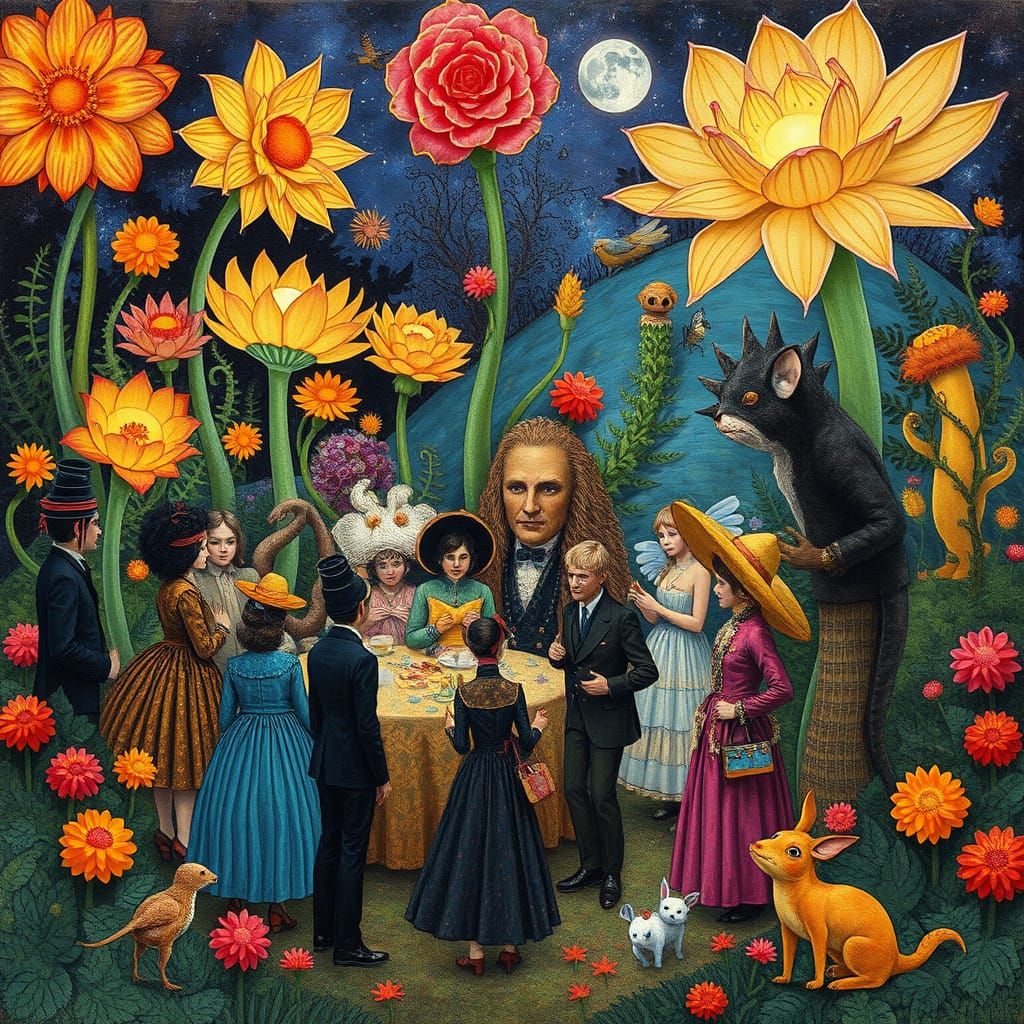 Surreal Garden Party with Bioluminescent Flowers and Masks