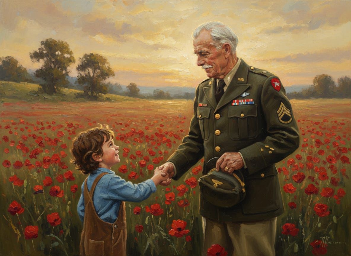 Child Shakes Hand of WWII Veteran Amidst Poppies