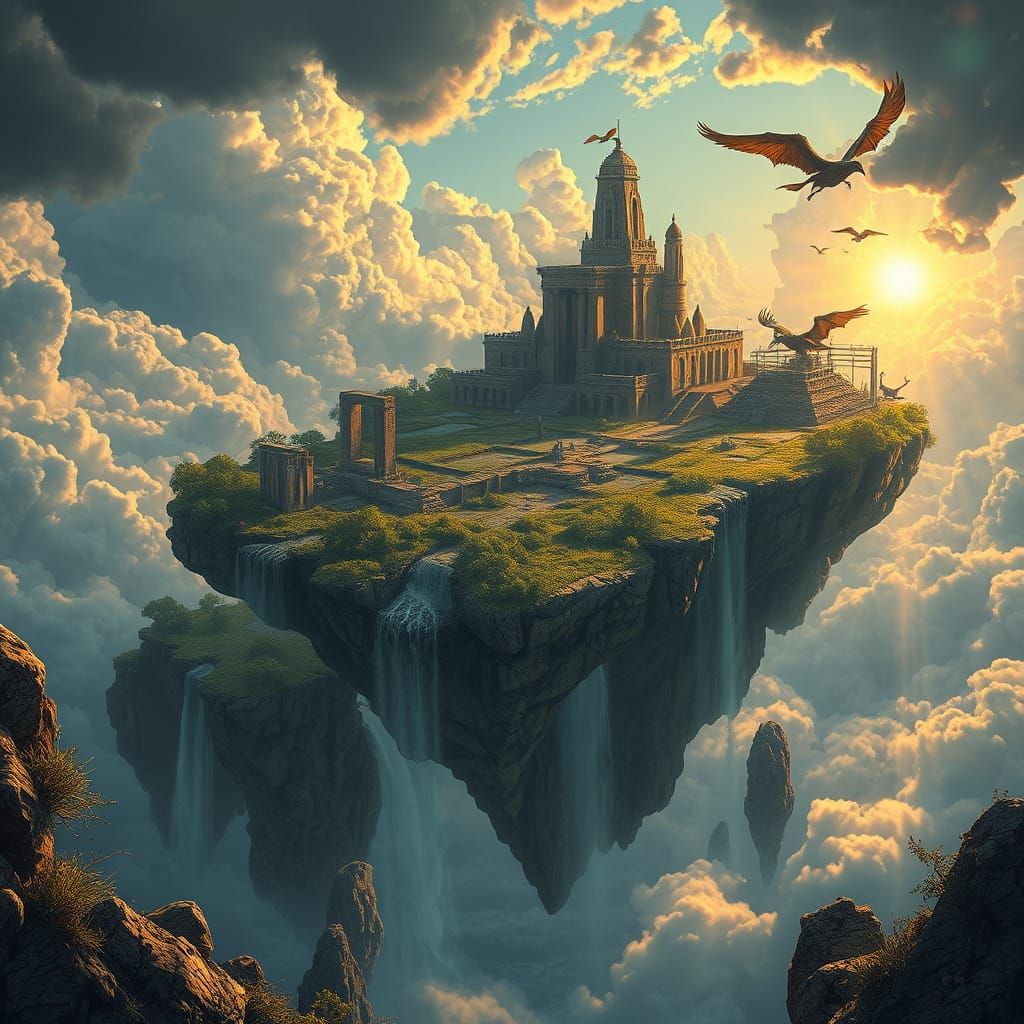 Floating Island with Ancient Ruins in Golden Light