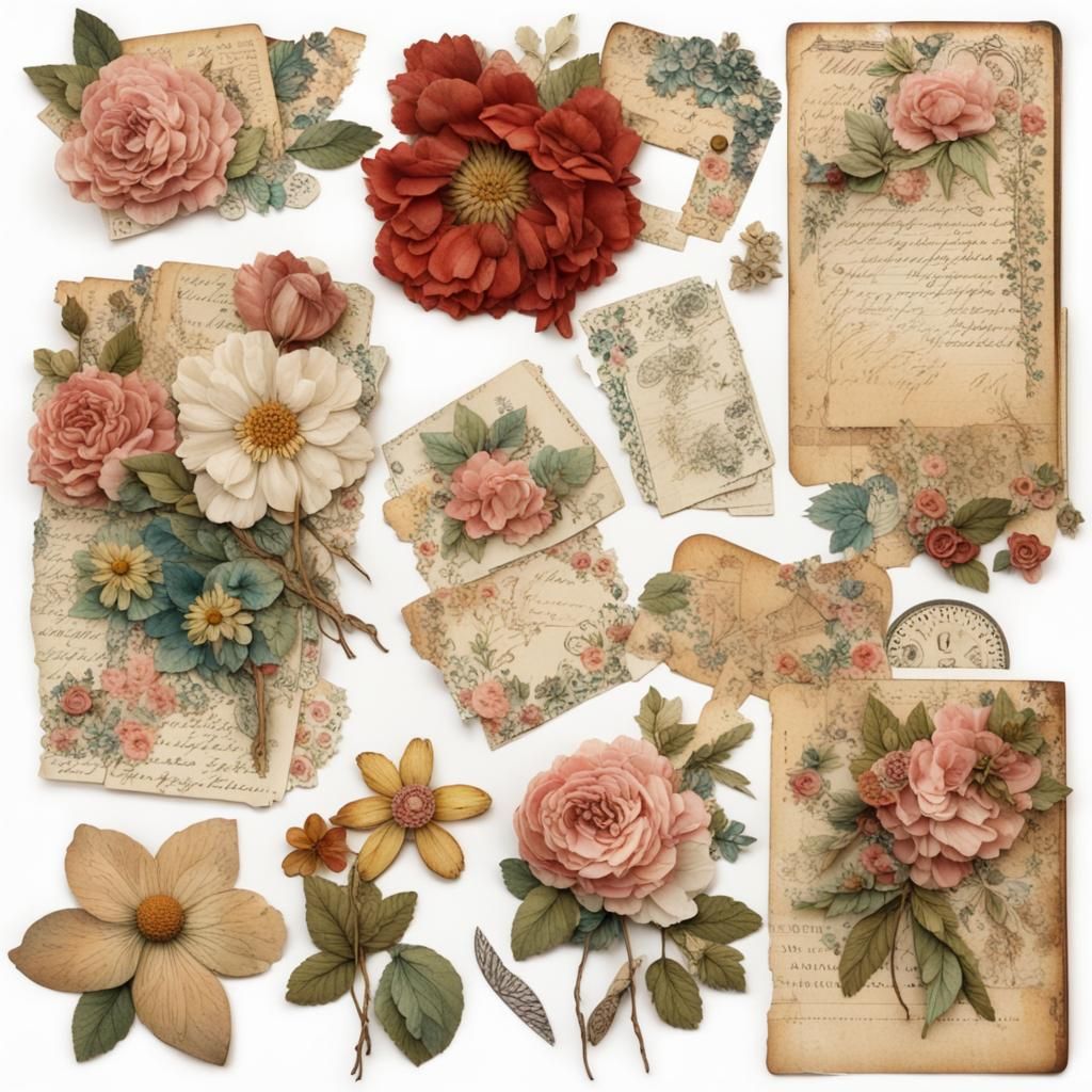 Vintage Floral Ephemera on White Background