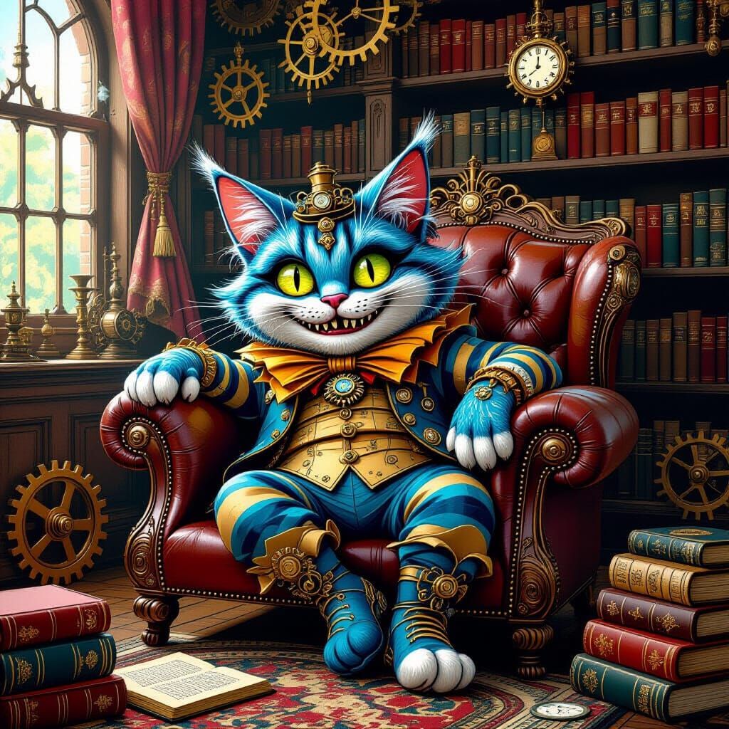 Steampunk Cheshire Cat in Victorian Library