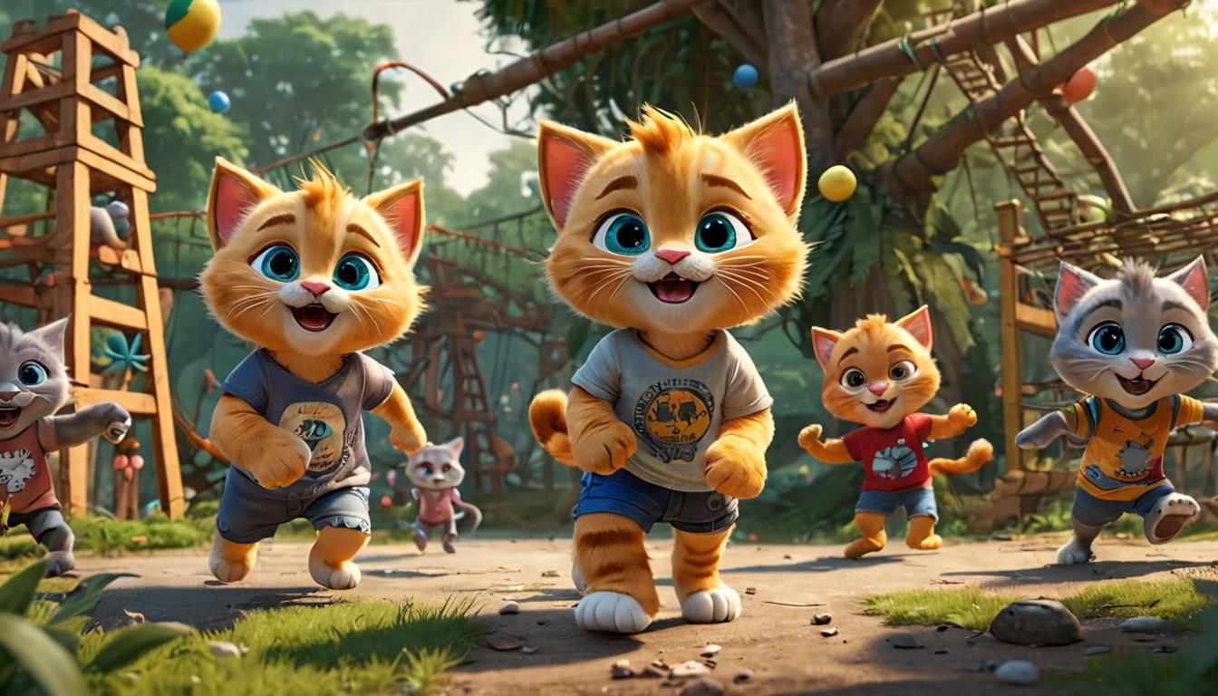 Kittens Play Tag in Park: 3D Digital Art