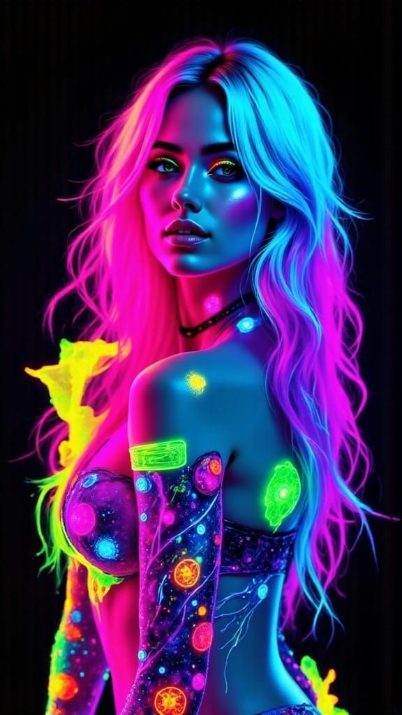 Raver Woman with Glowing Hair in Neon Colors