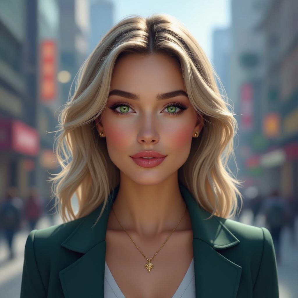 Woman with Blonde Hair and Green Eyes in Modern City