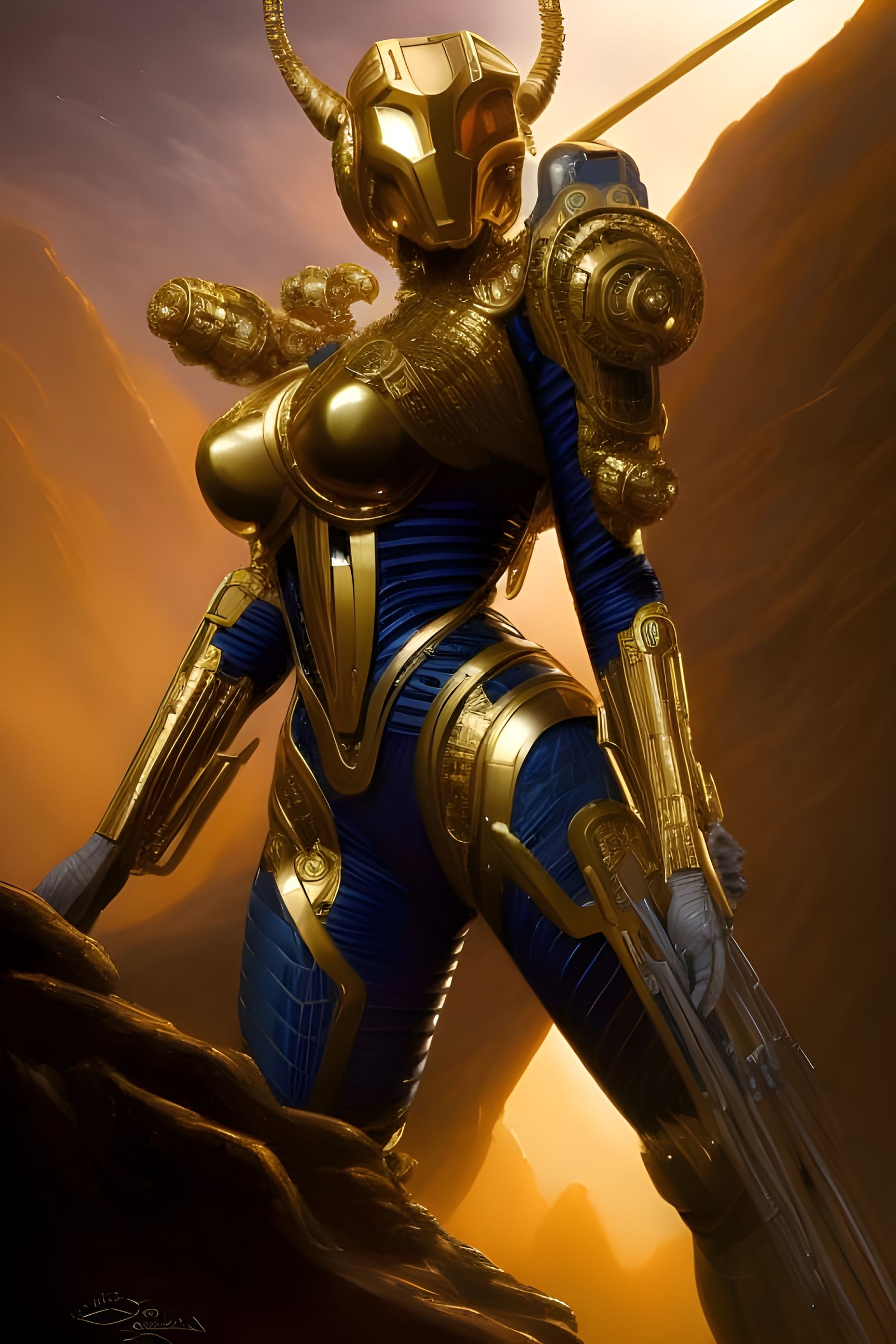 Golden Robot Queen Portrait in Steampunk Style