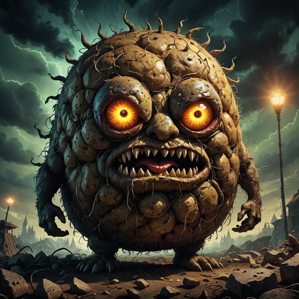Surreal Angry Potato Monster with Glowing Eyes