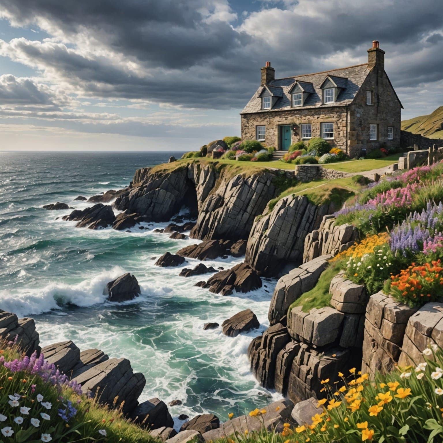 Seaside Cottage Watercolour Painting with Wildflowers