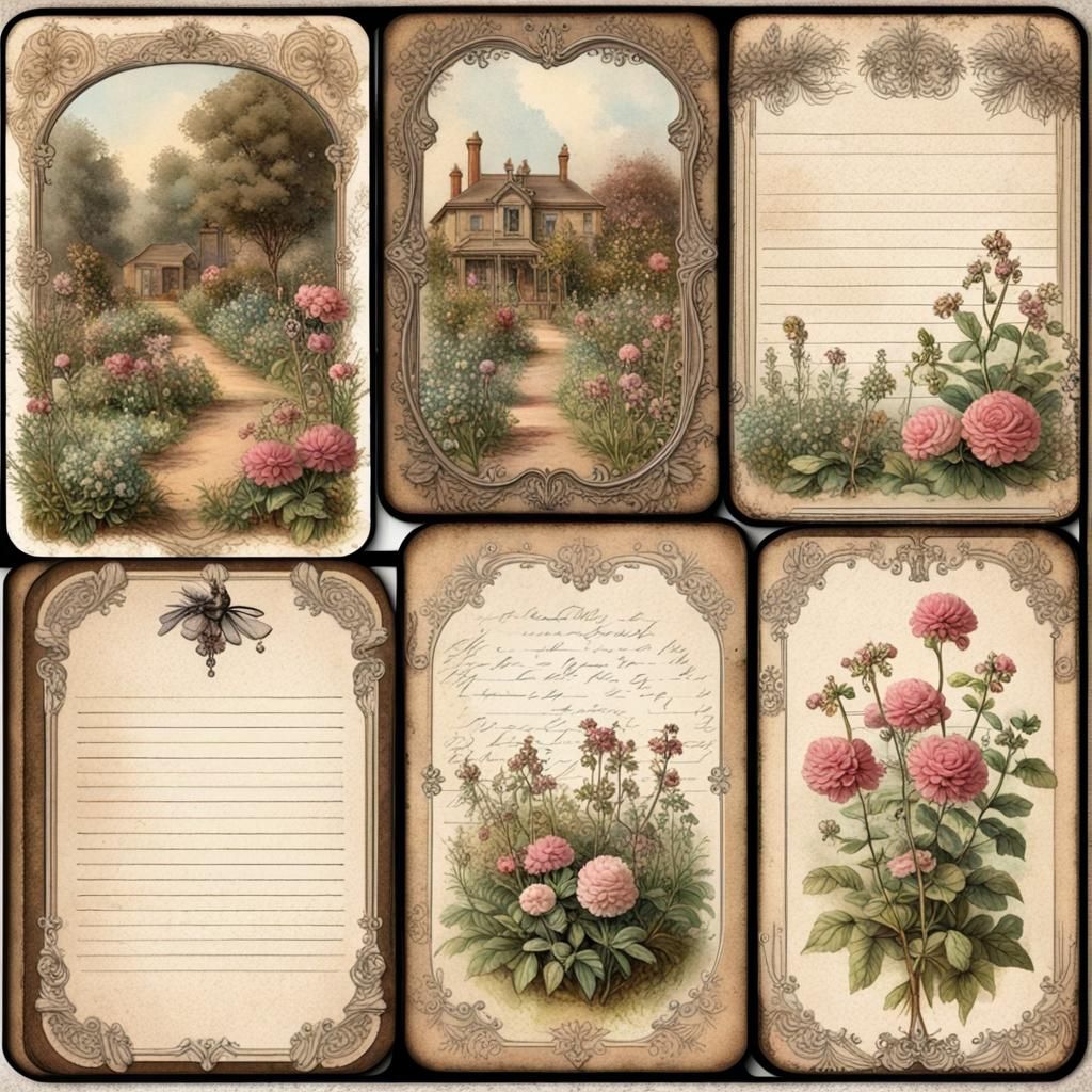 Victorian Garden Journal Cards with Sepia Illustrations