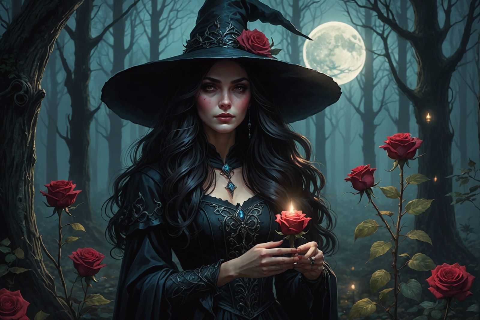Mysterious Witch in Moonlit Forest with Glowing Rose